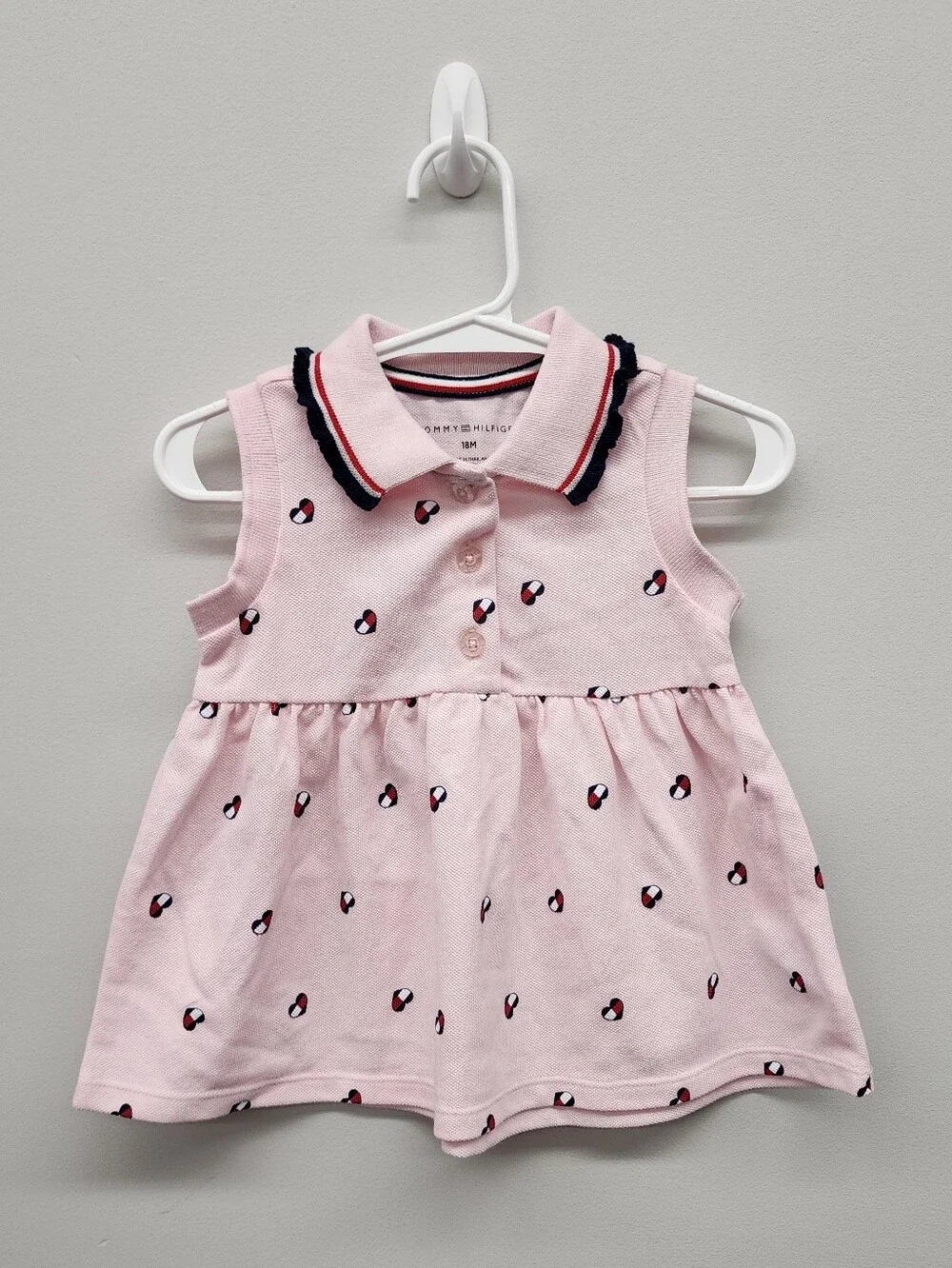 Tommy Hilfiger Baby Girl 18M Pink Flag Print Polo Dress Ruffle Collar